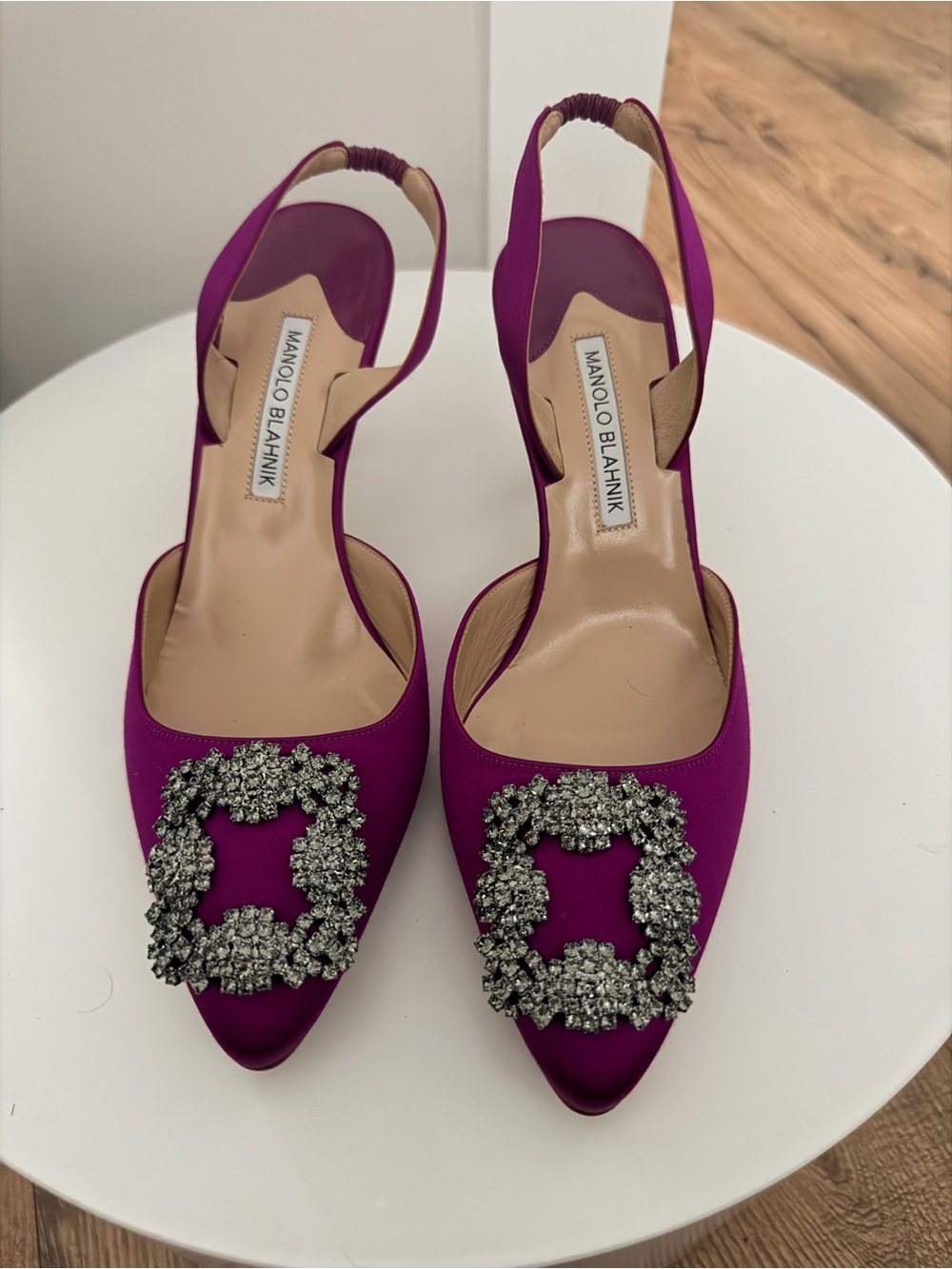 Manolo Blahnik Magenta Satin Pointed Slingback Pumps with Crystal Buckles